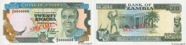 Country : ZAMBIA 
Face Value : 20 Kwacha Spécimen 
Date : (1989) 
Period/Provinc...