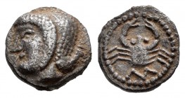 Celtas del Danubio. Litra. 470-450 a.C. Marsella. (Lt-510). (Mau-203). Anv.: Cabeza de Apolo a izquierda. Rev.: Cangrejo. Ag. 1,02 g. Rara, aun mas co...