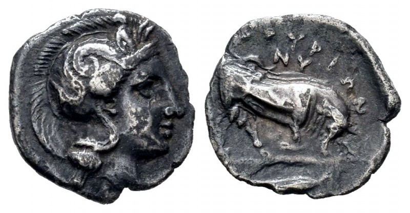 Lucania. Thurium. Óbolo. 350-300 a.C. Anv.: Cabeza con casco de Aenea a derecha....