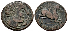 Baskunes. As. 120-20 a.C. Pamplona. (Abh-226). (Acip-1622). Anv.: Cabeza barbada a derecha, de arte bárbaro, delante delfín hacia abajo. Rev.: Jinete ...