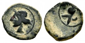Cartagonova. 1/4 calco. 220-215 a.C. Cartagena (Murcia). (Abh-523). (Acip-586). Anv.: Cabeza de Tanit a izquierda. Rev.: Casco. Ae. 1,59 g. Reverso de...
