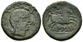 Kaiskata. As. 120-20 a.C. Cascante (Navarra). (Abh-687). (Acip-1682). Anv.: Cabeza barbada a derecha, delante KA, detrás arado. Rev.: Jinete con lanza...
