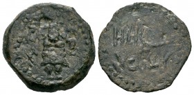 Ebusus. Semis. 50 a.C. Ibiza. (Abh-946). (Acip-758). (C-58). Anv.: Bes de frente con martillo y serpiente y a su derecha letra púnica aleph. Ae. 6,97 ...