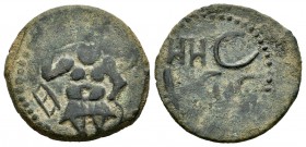 Ebusus. Semis. 20 a.C. Ibiza. (Abh-949). (Acip-759). Anv.: Bes con martillo y serpiente, a la izquierda letra púnica heth. Rev.: Leyenda púnica. Ae. 5...
