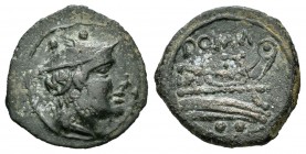 Anónima. Semiuncia. 217-215 a.C. (Sb-620). Anv.: Cabeza de Mercurio a derecha. Rev.: Proa a derecha, encima ROMA. Ae. 1,72 g. Pátina verde. MBC. Est.....