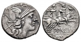 Aelia. Denario. 138 a.C. Roma. (Ffc-99). (Craw-233-1). (Cal-70). Anv.: Cabeza de Roma a derecha, detrás X. Rev.: Los Dioscuros a caballo a derecha, en...