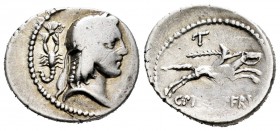 Calpurnia. Denario. 64 a.C. Roma. (Sydenham-865). Anv.: Cabeza laureada de Apollo a derecha, detrás escorpión sosteniendo mariposa. Ag. 3,87 g. Vano d...
