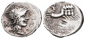 Curtia. Denario. 116-115 a.C. Norte de Italia. (Ffc-669). (Craw-285/2). (Cal-534). Anv.: Cabeza de Roma a derecha, detrás X, delante Q CVRT. Rev.: Júp...