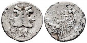 Fonteia. Denario. 114-113 a.C. Sur de Italia. (Ffc-713). (Craw-290/1). (Cal-585). Ag. 3,74 g. Erosiones. BC+. Est...35,00. / Fonteius. Denario. 114-11...