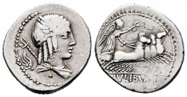 Julia. Denario. 85 a.C. Roma. (Ffc-772). (Craw-no cita). (Cal-637). Anv.: Cabeza alada y laureada de Apolo Vejovis a derecha, detrás tridente y símbol...