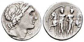 Memmia. Denario. 109-108 a.C. Sureste de Italia. (Ffc-906). (Craw-304/1). (Cal-980). Anv.: Cabeza masculina laureada a derecha, delante X. Rev.: Diosc...
