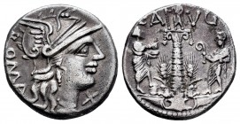 Minucia. Denario. 135 a.C. Roma. (Ffc-924). (Craw-242/1). (Cal-1025). Anv.: Cabeza de Roma a derecha, delante X, detrás ROMA. Rev.: Encima C. AVG. Ag....