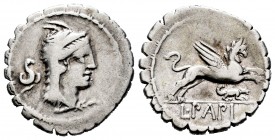 Papia. Denario. 79 a.C. Roma. (Ffc-952). (Craw-384/1). (Cal-1057). Anv.: Cabeza de Juno Sospito a derecha, tocado con piel de ciervo, detrás serpiente...