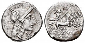Papiria. Denario. 121 a.C. Taller Auxiliar de Roma. (Ffc-959). (Craw-276/1). (Cal-1063). Anv.: Cabeza de Roma a derecha, delante X, detrás rama de lau...