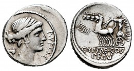 Plautia. Denario. 60 a.C. Roma. (Ffc-999). (Craw-420/2c). (Cal-1127). Anv.: Cabeza diademada de Leuconoe a derecha,delante P YPSAE, detrás delfín y (S...