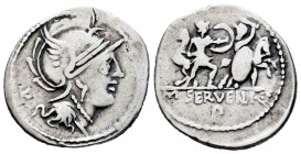 Servilia. Denario. 100 a.C. Norte de Italia. (Ffc-1117). (Craw-327/1). (Cal-1276). Anv.: Cabeza de Roma a derecha, detrás letra griega K. Rev.: Dos gu...