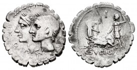 Sulpicia. Denario. 106 a.C. Roma. (Ffc-1133). (Craw-312-1). (Cal-1288). Anv.: Cabezas yuxtapuestas de los dioses Penates a izquierda, delante D P P. R...