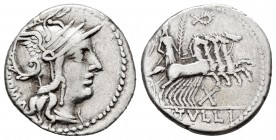 Tullia. Denario. 120 a.C. Roma. (Ffc-1162). (Craw-280/1). (Cal-1317). Anv.: Cabeza de Roma a derecha, detrás ROMA. Rev.: Victoria con palma en cuadrig...
