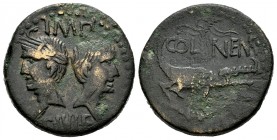 Augusto y Agripa. Dupondio. 10-14 d.C. Colonia Nemausus. (Spink-1730). (Ric-158). Anv.: IMP DIVI F. Bustos opuestos de Augusto diademado y Agripa desn...