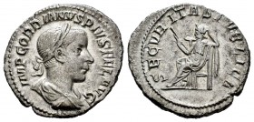 Gordiano III. Denario. 241-242 d.C. Roma. (Spink-8682). (Ric-130). Rev.: SECVRITAS PVBLICA. Seguridad sentada a izquierda con cetro. Ag. 2,89 g. MBC+....