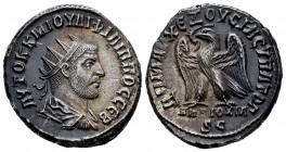 Filipo I. Tetradracma. 244-249 d.C. Antioquía. (Gic-3958 variante). Anv.: Busto radiado a derecha. Rev.: Águila a izquierda alrededor leyenda. Ag. 11,...