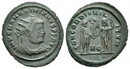 Galerio Maximiano. Antoniniano. 293-294 d.C. Cyzicus. (Spink-14294 variante). (Ric-717). Rev.: CONCORCIA MILITVM. Galerio frente a Júpiter con cetros ...