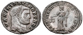 Galerio Maximiano. Follis. 300-303 d.C. Roma. (Spink-14397). (Ric-362). Rev.: SACRA MON VRB AVGG ET CAESS NN. Moneta en pie a izquierda con balanza y ...