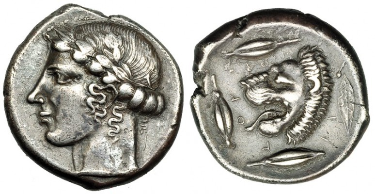 SICILIA. Leontini. Tetradracma (466-422 a.C.). A/ Cabeza de Apolo laureada a izq...