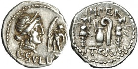 CORNELIA. Denario (84-83 a.C.). A/ Cabeza diademada de Venus a der., delante, Cupido con palma, debajo, L.SVLLA. R/ Praeferículo y lituo entre dos tro...
