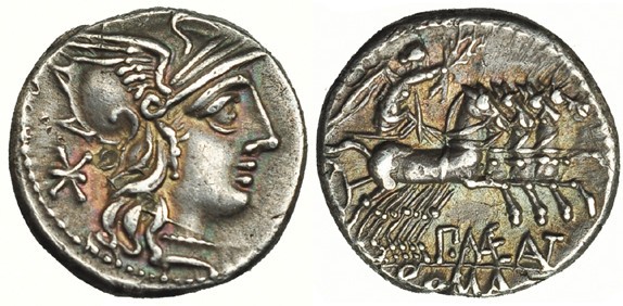 MAENIA. Denario. Roma (132 a.C.). AR 3,87 g. SB-7. FFC-831. Pátina gris. EBC-/MB...