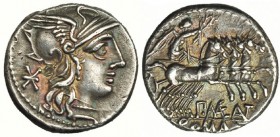 MAENIA. Denario. Roma (132 a.C.). AR 3,87 g. SB-7. FFC-831. Pátina gris. EBC-/MBC+.