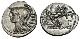 SERVILIA. Denario. Norte de Italia (100 a.C.). R/ La Victoria con palma a der., a der. P.; P. SERVILI M.F. FFC-1118. SB-14. Pátina gris. EBC-.
