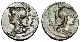SERVILIA. Denario incuso. Norte de Italia (100 a.C.). A/ Cabeza pequeña de Minerva a izq. FFC-1118 vte. SB-14 vte. Pátina gris. EBC-.