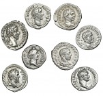 8 denarios: Faustina madre, Domiciano, Antonino Pío, Cómodo, Septimio Severo, Caracalla y Heliogábalo (2). BC+/MBC.