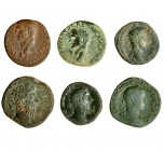 2 sestercios: Cómodo y Antonino Pío; 2 dupondios: Alejandro Severo y Cómodo y 2 ases de Claudio I. Total 6 monedas. Calidad media BC+.