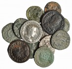 2 denarios: Caracalla (roto) y Heliogábalo; 6 antoninianos de Gordiano III; 5 bronces: Licinio II, Aureliano, Teodosio I, Constantino I, Valentiniano,...