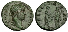 ADRIANO. As. Roma (134-138). R/ El Emperador dando la mano a la Felicidad con caduceo. RIC-805. CH-631. Pátina verde. MBC.