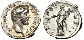 ANTONINO PÍO. Denario. Roma (139-161). A/ Cabeza desnuda a der. R/ La Paz a izq. con rama y cornucopia; TR. POT. COS. II. RIC-42. SB-831. EBC-/MBC+.