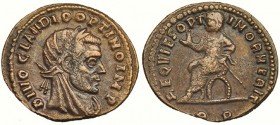 CLAUDIO II. AE-3. Cyzicus. Acuñación bajo Constantino I. A/ Cabeza laureada y velada a der. R/ Claudio II sentado en silla curul; REQVIES OPTIMOS MERI...
