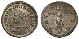 MAXIMIANO. Antoniniano. Lugdunum. (289-93). Marca: B. R/ PAX AVGG. R. P. O. RIC-398. EBC-. Escasa. Ex C. Dattari.