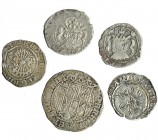 5 monedas de plata de Reyes Católicos a Felipe II: Real, Granada; 1/2 real, Granada y Sevilla; dieciocheno, 1624(2). Calidad media MBC-.