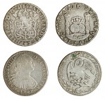 4 monedas de 8 reales. México: 1743, 1747 (FV) y 1797; Zacatecas: 1877. MBC-/MBC.