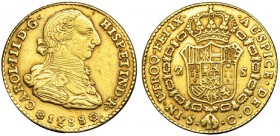 2 escudos. 1788, 7 rectificado. Sevilla. C. Falsa de época en oro. AU 6,65 g. BA-no publica. EBC-.