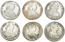 6 monedas de 8 reales: 1808, Lima; 1791, 1792, 1804 y 1808, México y 1821 Zacatecas. MBC-/MBC.