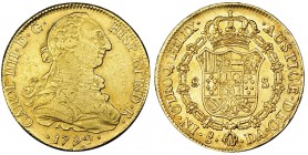 8 escudos. 1794. Santiago. DA. VI-1418. Finas rayas. R. B. O. MBC/EBC-.