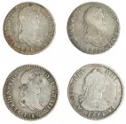 4 monedas de 4 reales: 1774, Potosí; 1813, Lima; 1817, Madrid; 1825, Sevilla. BC+/MBC-.