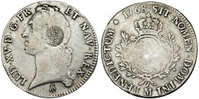 Sobre escudo, 1768, Tulus, Resello F7º coronadas para circular en Manila. La moneda MBC- y el resello MBC. Rara.