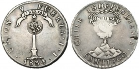 Resello de Manila. Y.II coronadas, sobre un peso, 1834, Santiago de Chile, IJ. VI-pág. 462. Pequeña grieta. MBC.