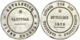 Cinco pesetas. 1873. Cartagena. Coincidente sobre el eje horizontal. VII-29. MBC+.