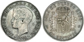 40 centavos de peso. 1896. Puerto Rico. PGV. VII-176. Pequeñas marcas. Pátina gris. MBC.